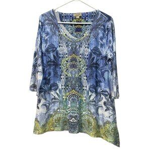 One World Live & Let Live Knit Tunic Sz L Blue Rhinestone Artsy Asymmetrical Hem